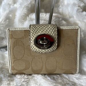 Coach Signature Collection, Turnlock,  Bifold Wallet, Beige & White Canvas, Med